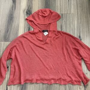 Eskandar One Size Cropped Boxy Orange Coral Hooded Linen Pullover Sweater EUC